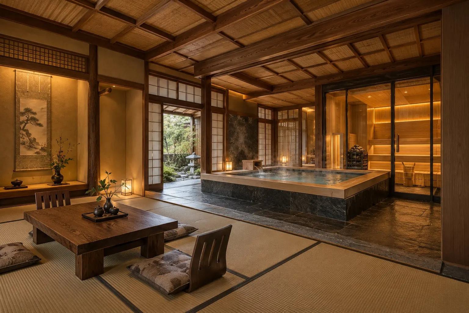 Exemple d'univers à thème japonais avec bain, image d'illustration